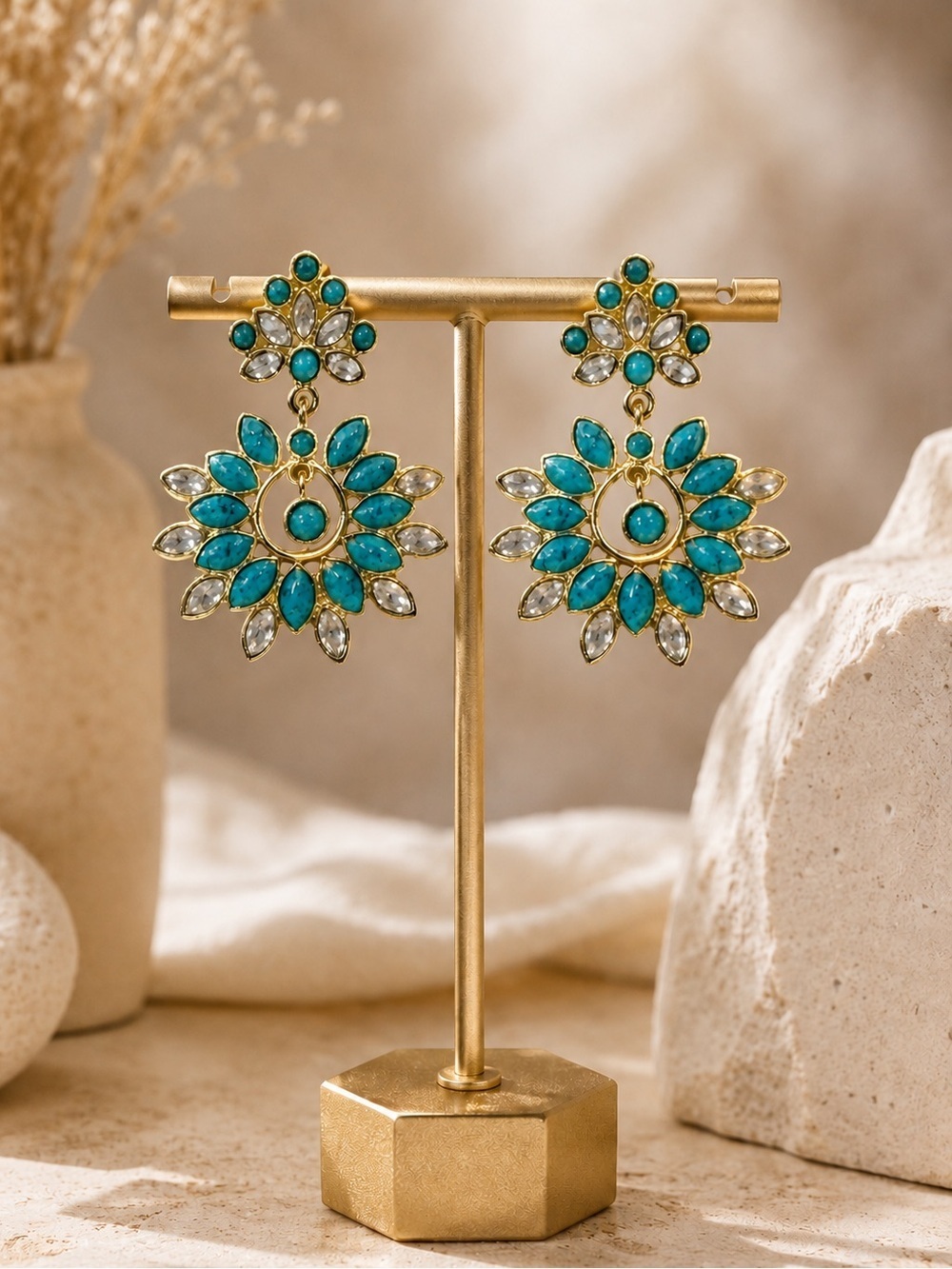 Boho Turquoise & Crystal Statement Drop Earrings Gold Tone Floral Medallion